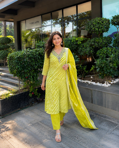 Leheriya Stripe Print Cotton Kurta Pant Dupatta Set