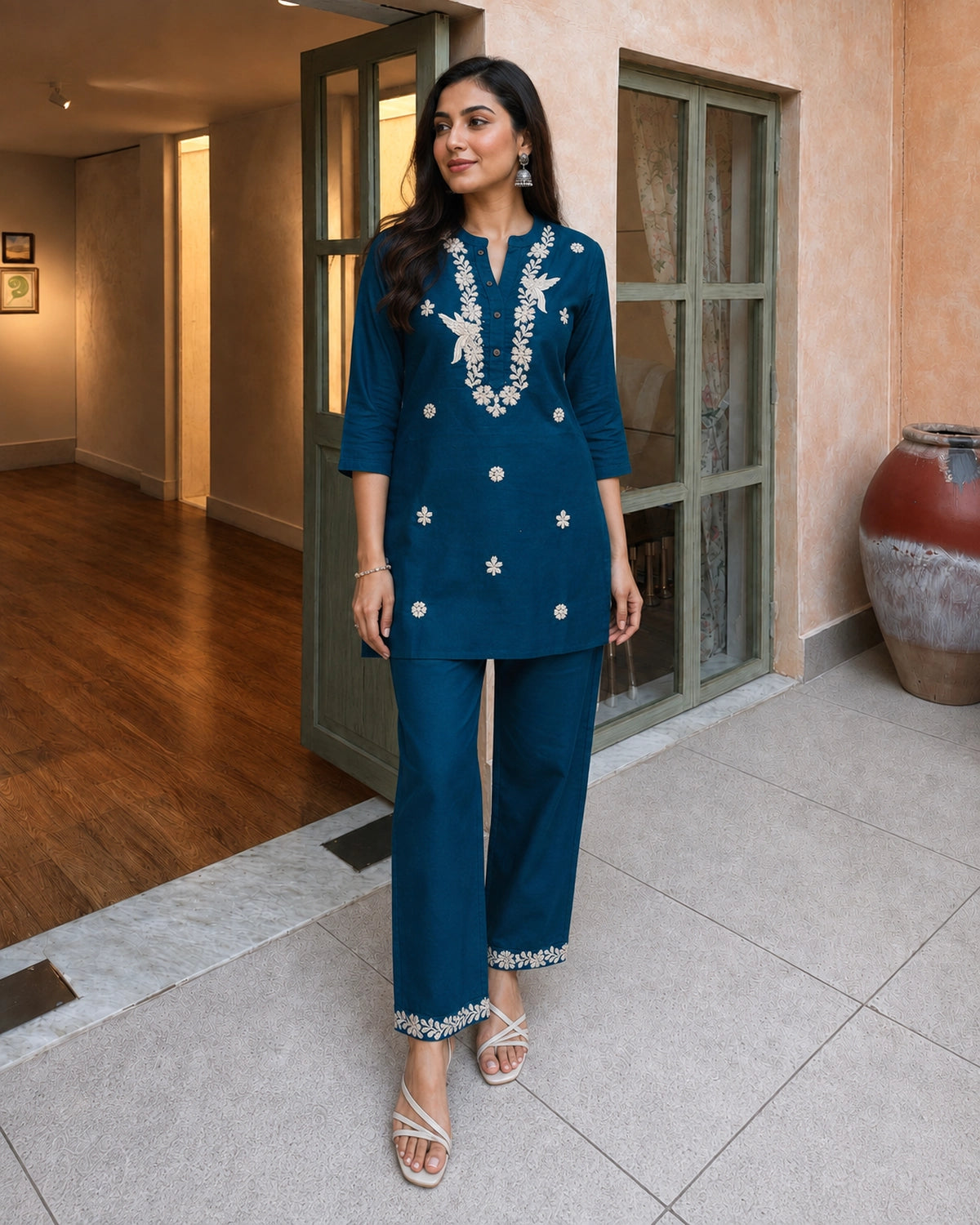 Mustard Floral Embroidered Collared Cotton Co-Ord Set