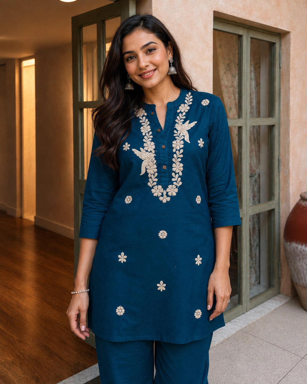 Mustard Floral Embroidered Collared Cotton Co-Ord Set