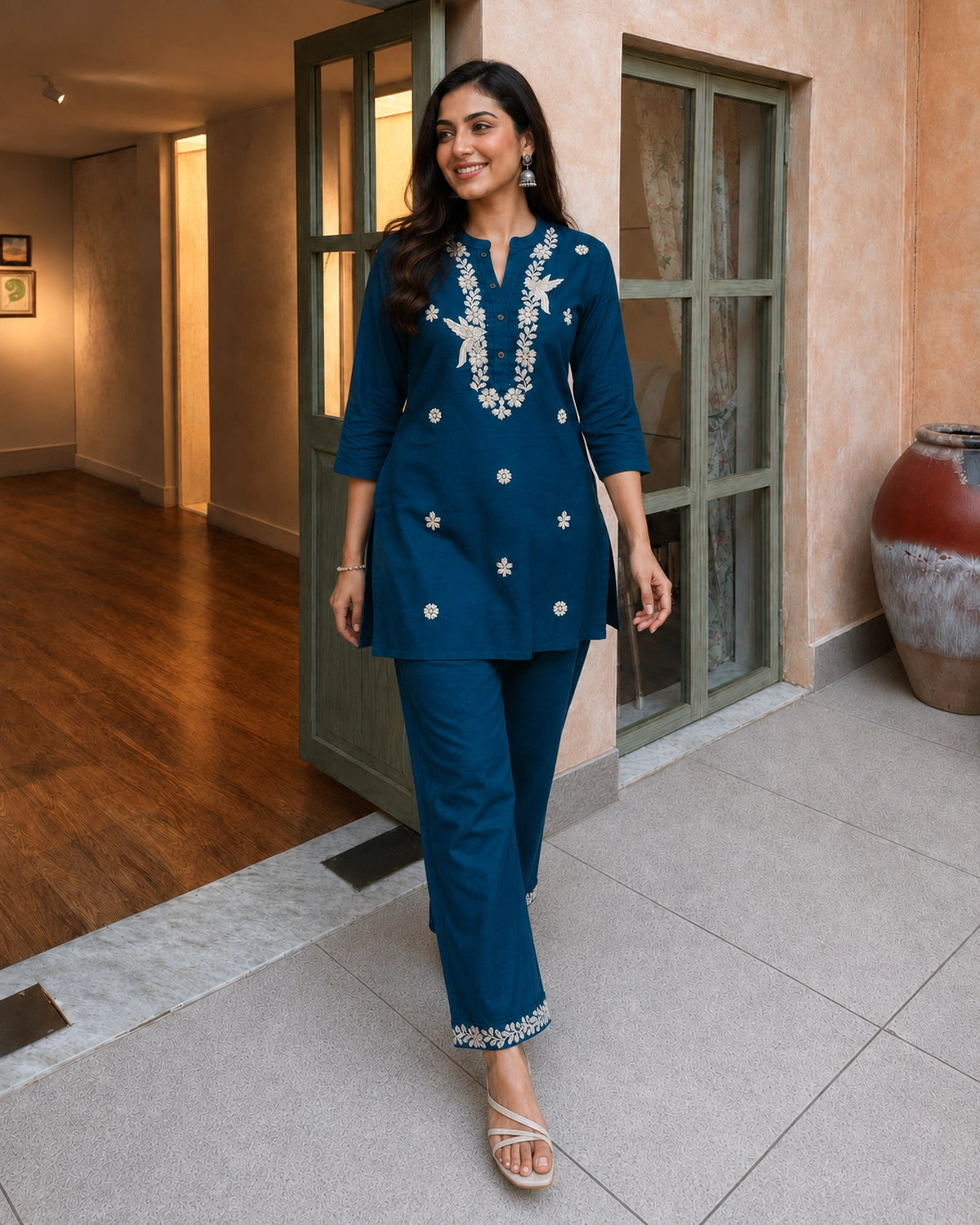 Mustard Floral Embroidered Collared Cotton Co-Ord Set