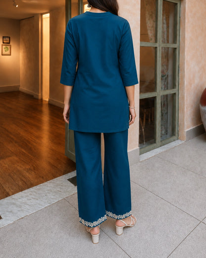 Mustard Floral Embroidered Collared Cotton Co-Ord Set