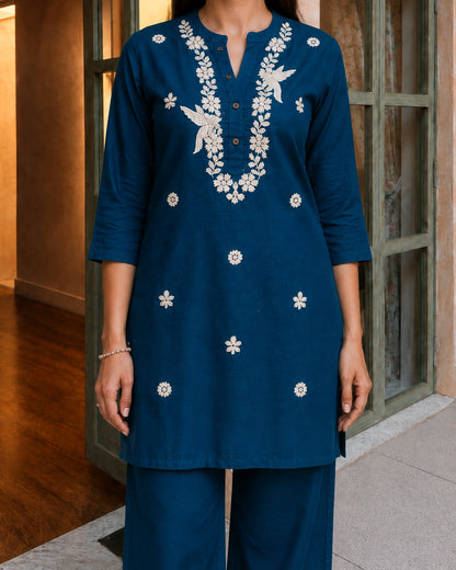 Mustard Floral Embroidered Collared Cotton Co-Ord Set