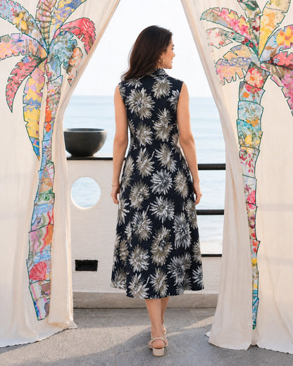 Tropical Leaf Print Sleeveless Collared Rayon Midi Dress
