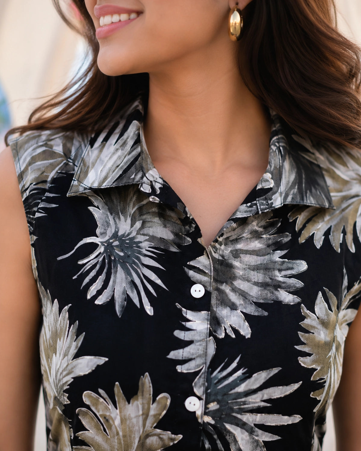 Tropical Leaf Print Sleeveless Collared Rayon Midi Dress