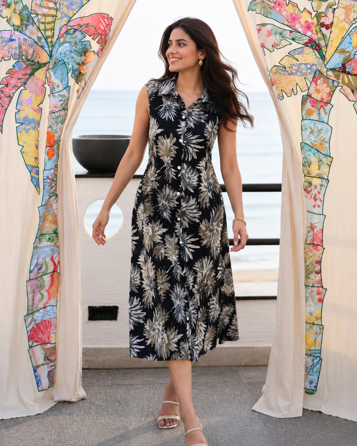 Tropical Leaf Print Sleeveless Collared Rayon Midi Dress