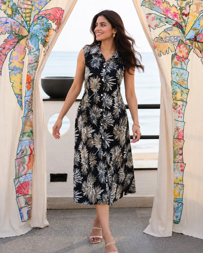 Tropical Leaf Print Sleeveless Collared Rayon Midi Dress