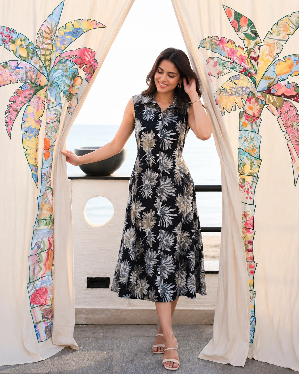 Tropical Leaf Print Sleeveless Collared Rayon Midi Dress