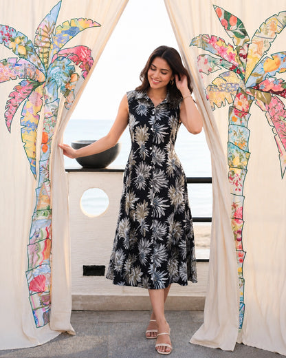Tropical Leaf Print Sleeveless Collared Rayon Midi Dress