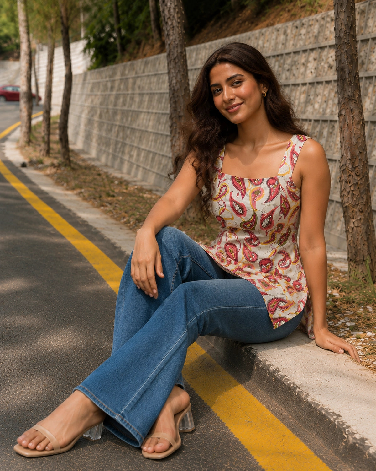 Paisley Print Square Neck Fitted Cotton Mini Kurti