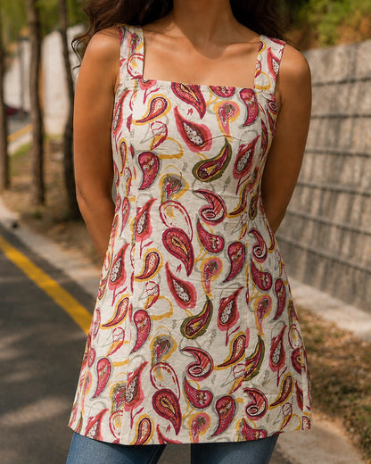Paisley Print Square Neck Fitted Cotton Mini Kurti