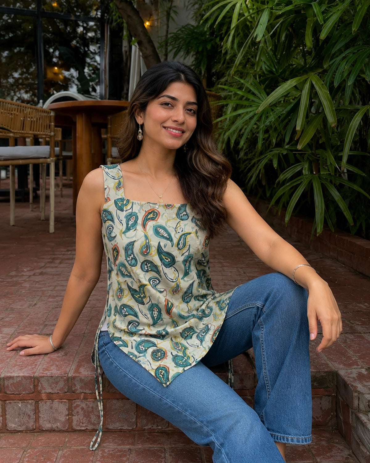 Paisley Print Square Neck Fitted Cotton Mini Kurti