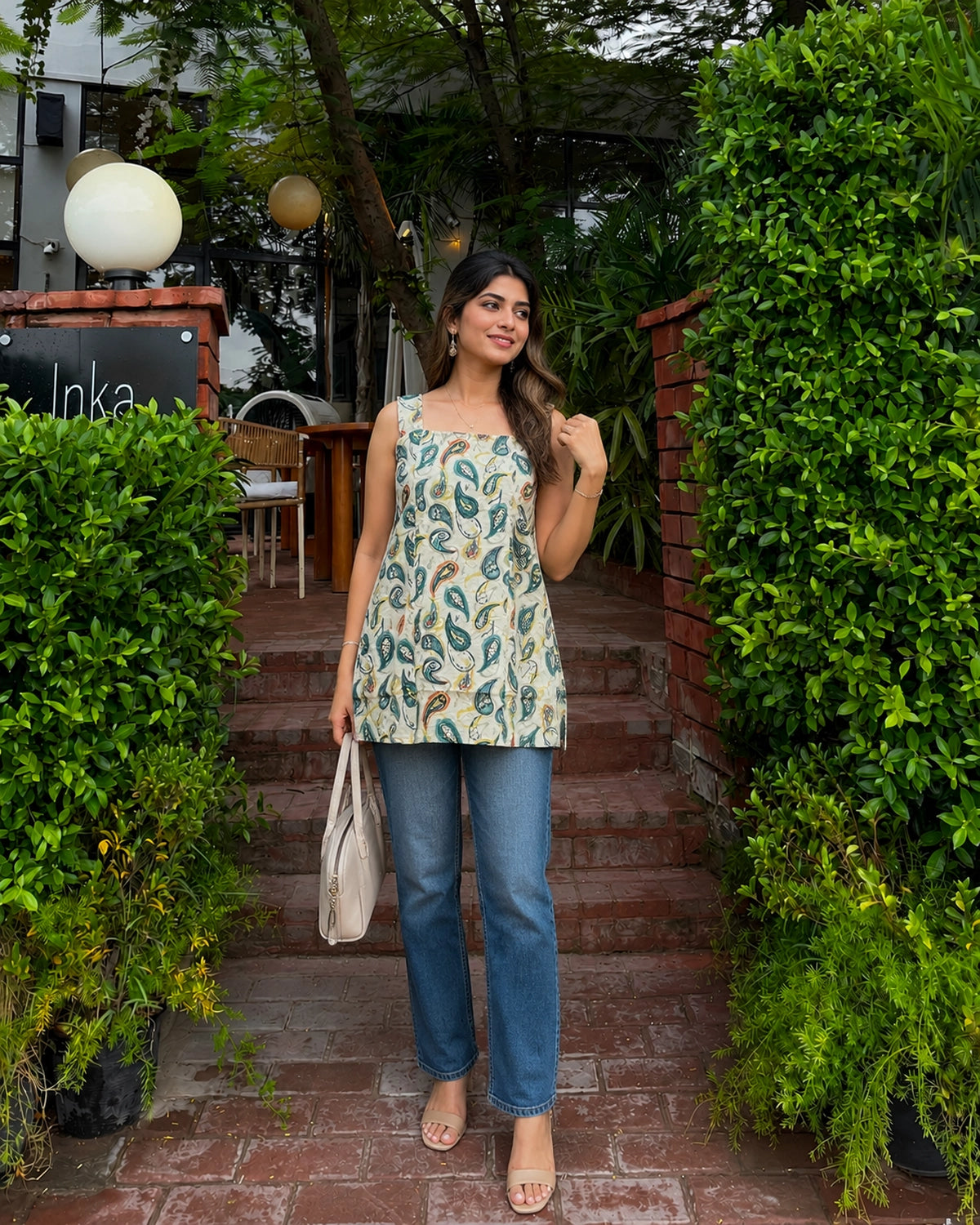 Paisley Print Square Neck Fitted Cotton Mini Kurti