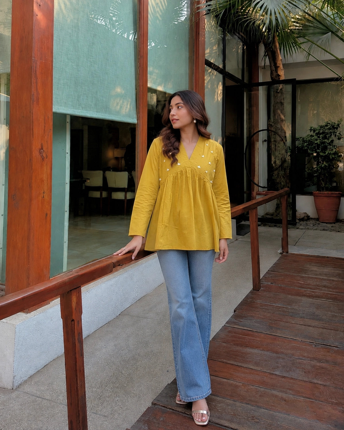 Floral Embroidered V-Neck Peplum Cotton Kurti