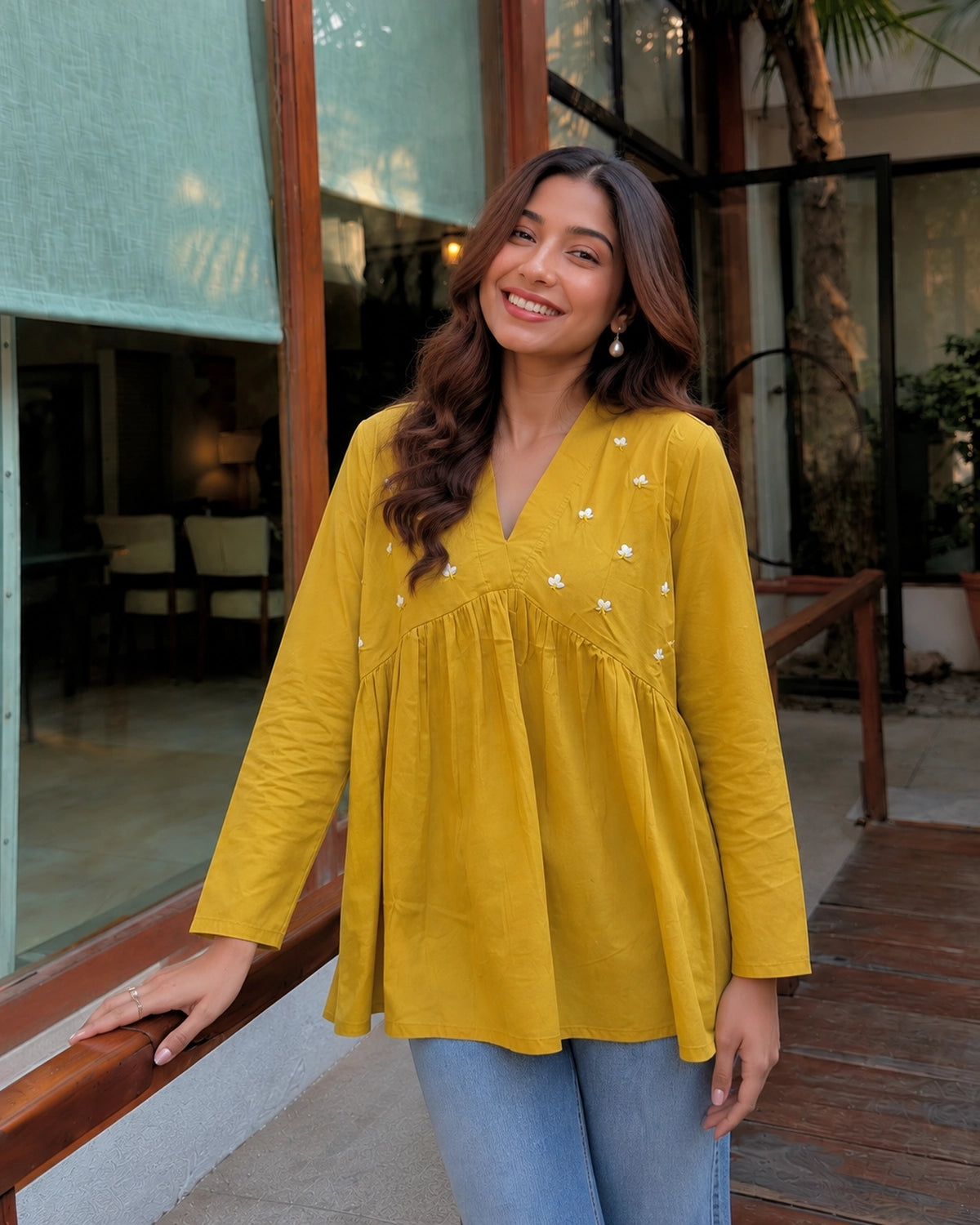 Floral Embroidered V-Neck Peplum Cotton Kurti