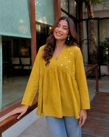 Floral Embroidered V-Neck Peplum Cotton Kurti