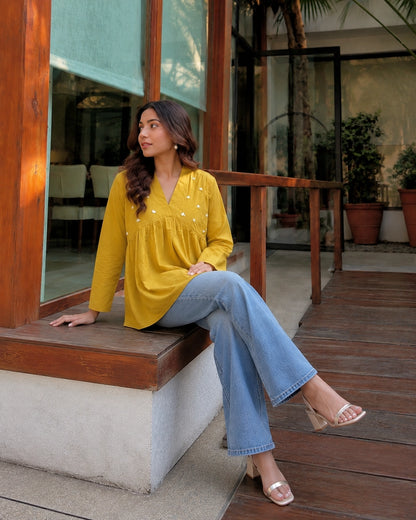 Floral Embroidered V-Neck Peplum Cotton Kurti