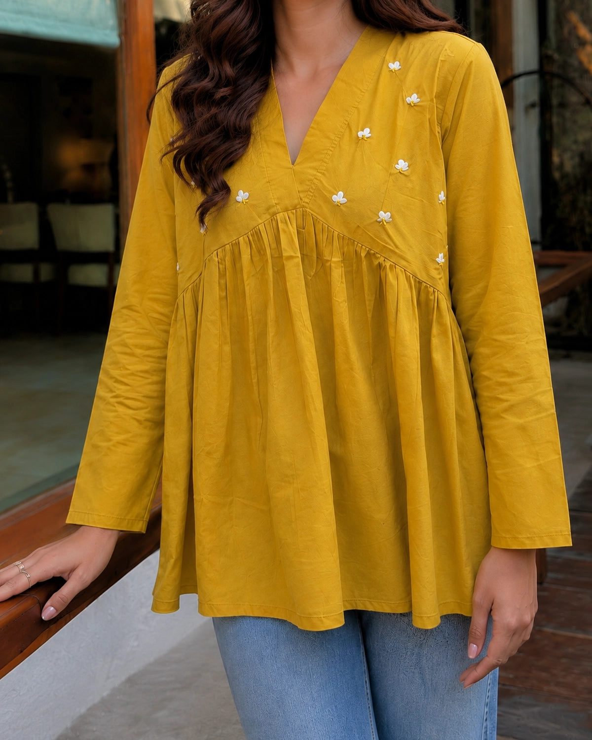 Floral Embroidered V-Neck Peplum Cotton Kurti
