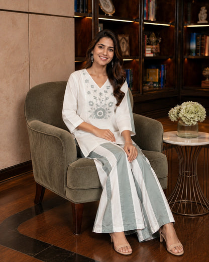 Floral Embroidered V-Neck Flared Cotton Co-ord Set