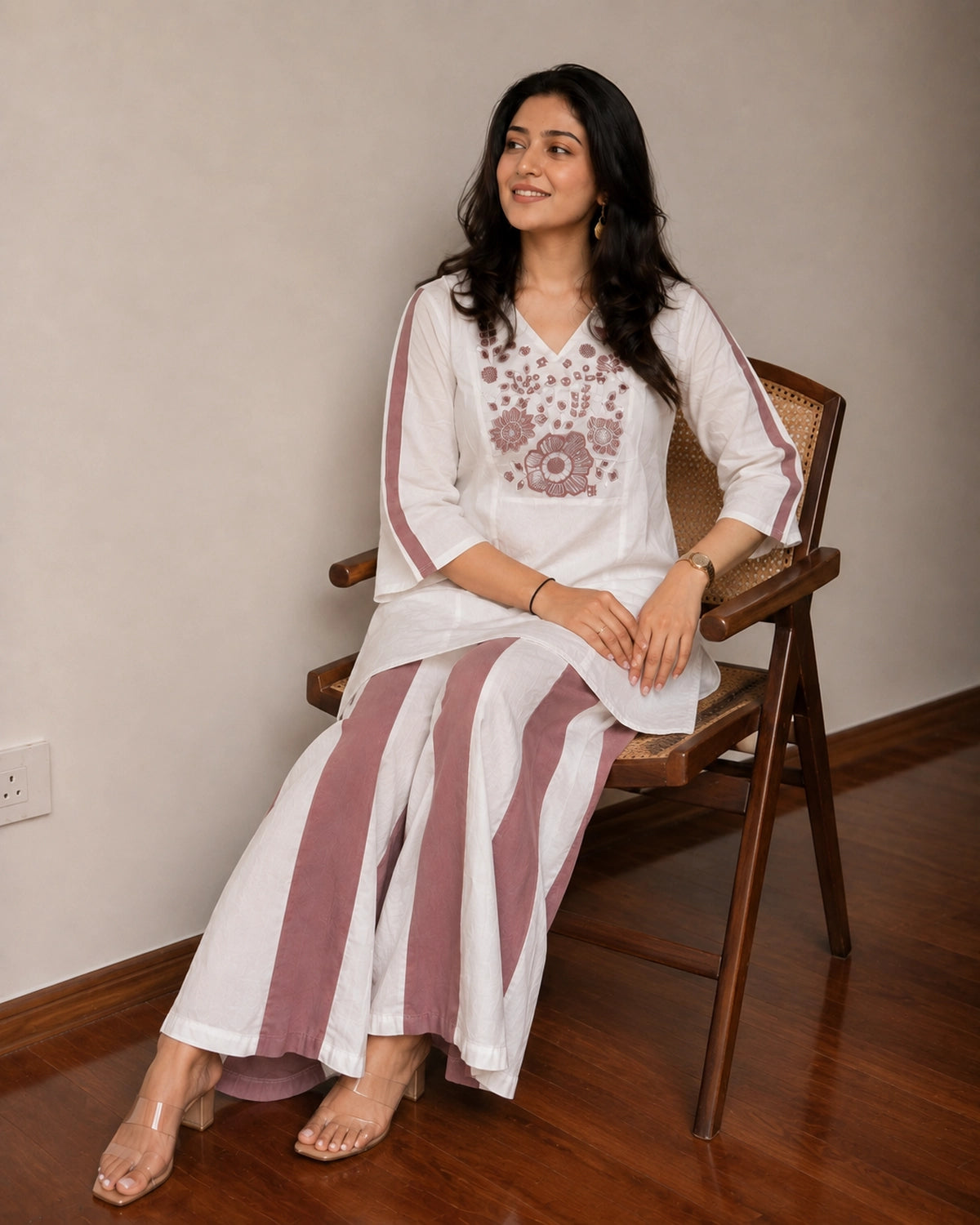 Floral Embroidered V-Neck Flared Cotton Co-ord Set