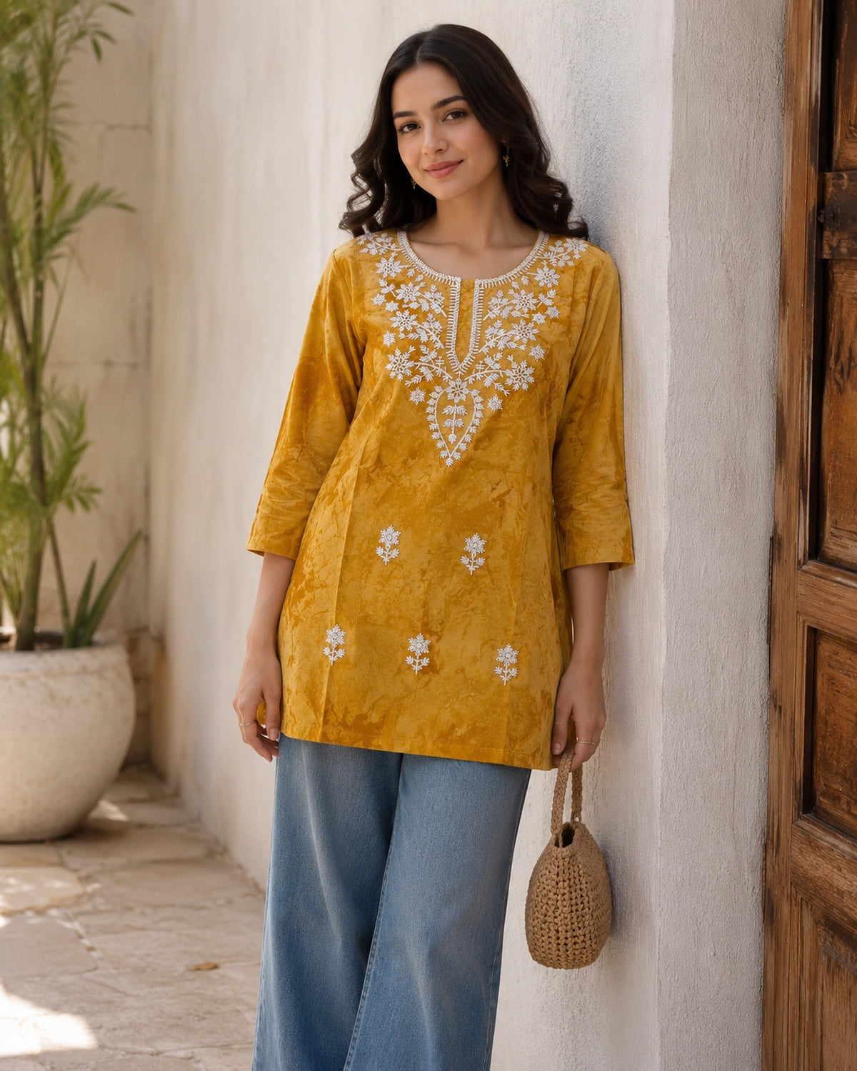Chikankari Tie-Dye Round Neck Cotton Kurti
