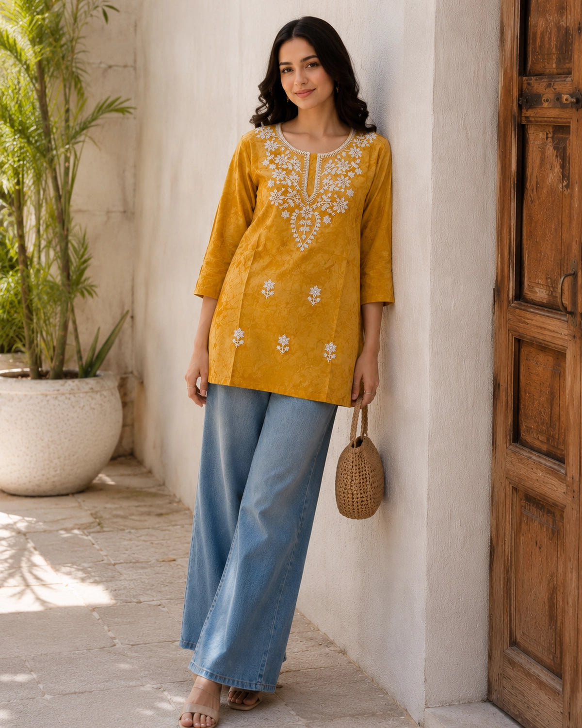 Chikankari Tie-Dye Round Neck Cotton Kurti