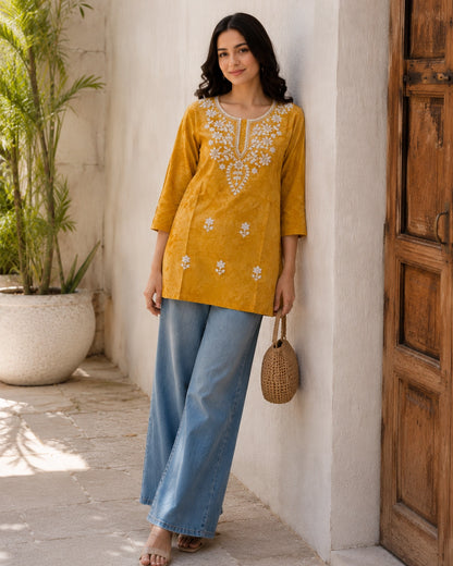 Chikankari Tie-Dye Round Neck Cotton Kurti