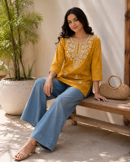 Chikankari Tie-Dye Round Neck Cotton Kurti