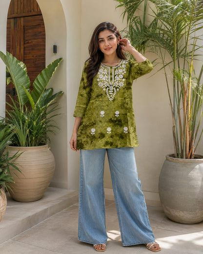 Chikankari Tie-Dye Round Neck Cotton Kurti