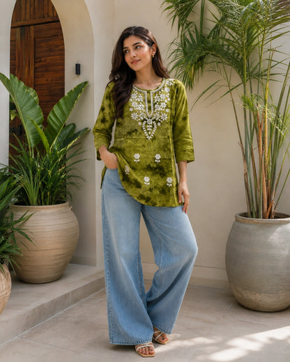 Chikankari Tie-Dye Round Neck Cotton Kurti