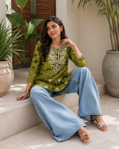 Chikankari Tie-Dye Round Neck Cotton Kurti