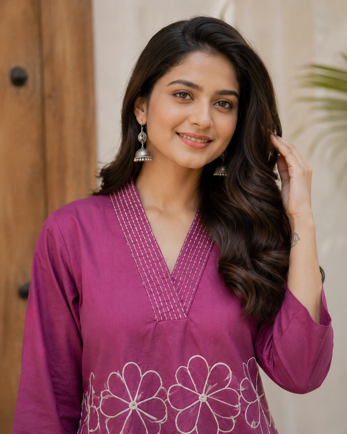 Embroidered V-Neck Three-Quarter Sleeve Cotton Kurti