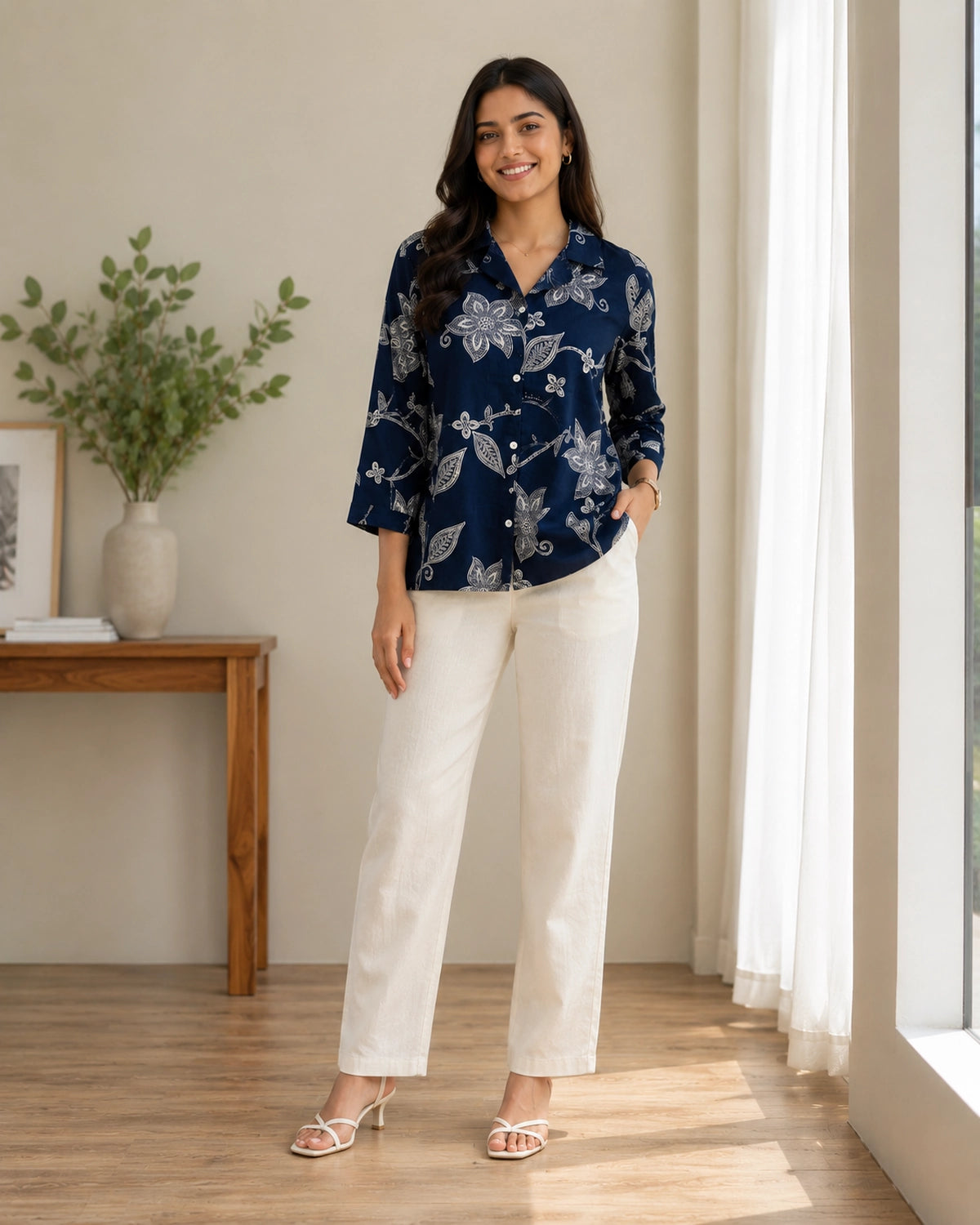 Floral Print Collared Three-Quarter Sleeve Cotton Kurti