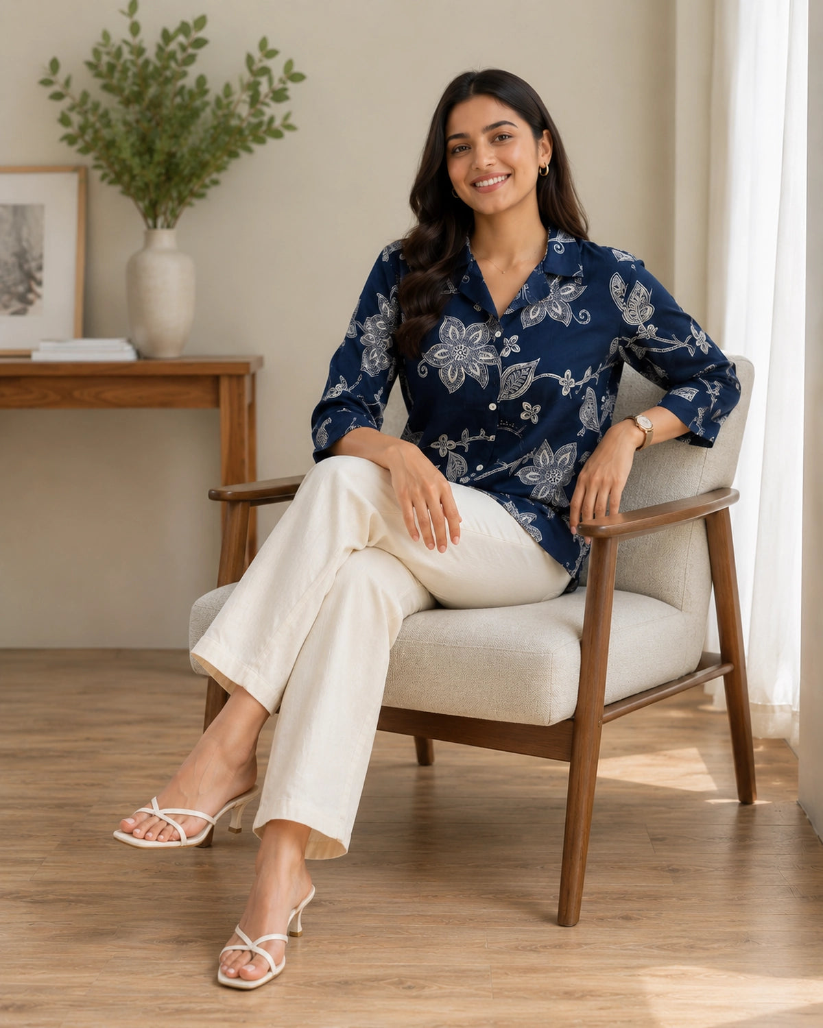 Floral Print Collared Three-Quarter Sleeve Cotton Kurti