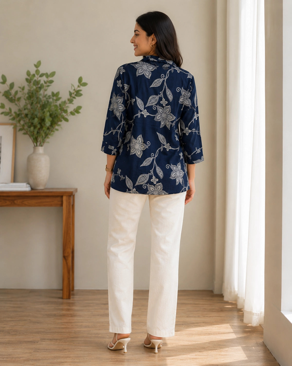 Floral Print Collared Three-Quarter Sleeve Cotton Kurti