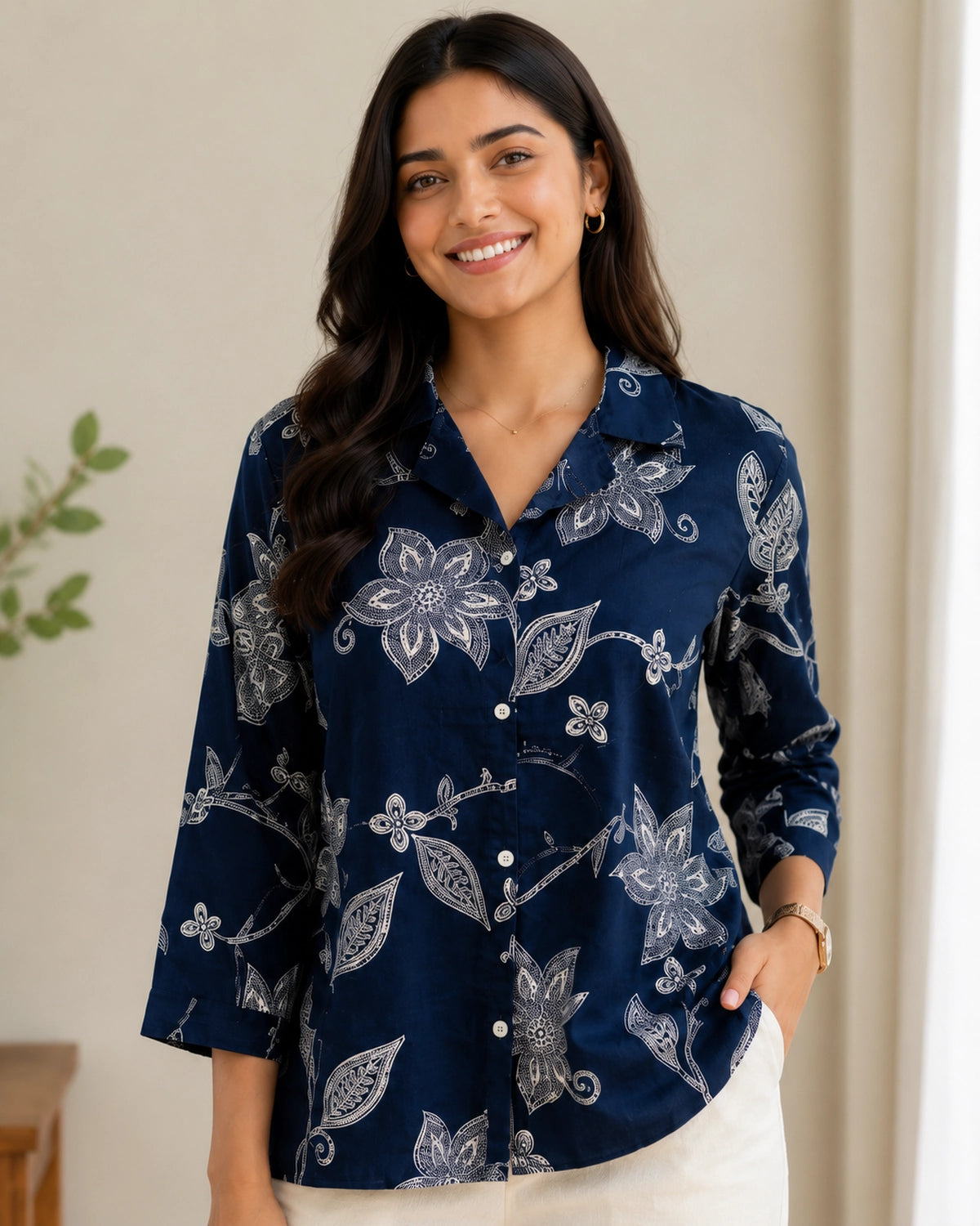 Floral Print Collared Three-Quarter Sleeve Cotton Kurti