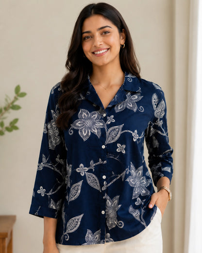 Floral Print Collared Three-Quarter Sleeve Cotton Kurti