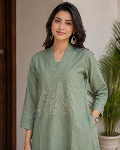 Embroidered V-Neck Three-Quarter Sleeve Cotton Kurti