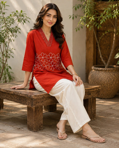 Embroidered V-Neck Three-Quarter Sleeve Cotton Kurti