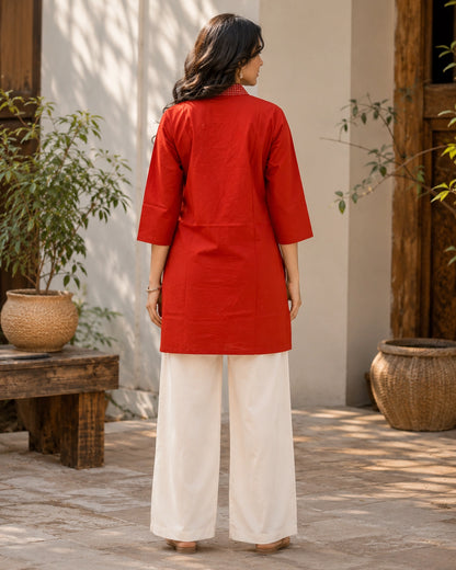 Embroidered V-Neck Three-Quarter Sleeve Cotton Kurti