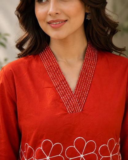 Embroidered V-Neck Three-Quarter Sleeve Cotton Kurti