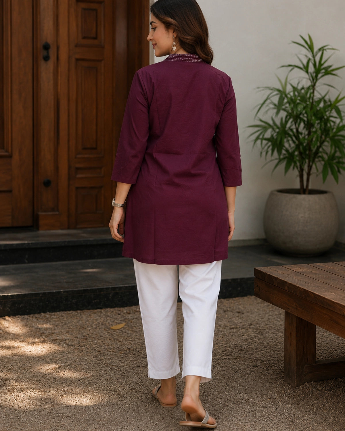 Embroidered V-Neck Three-Quarter Sleeve Cotton Kurti