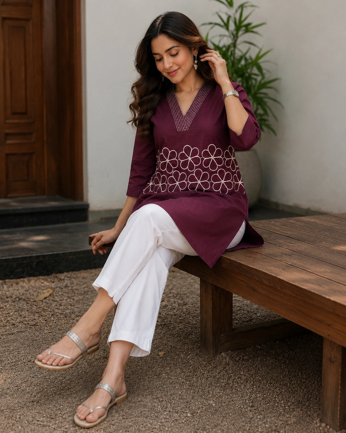 Embroidered V-Neck Three-Quarter Sleeve Cotton Kurti