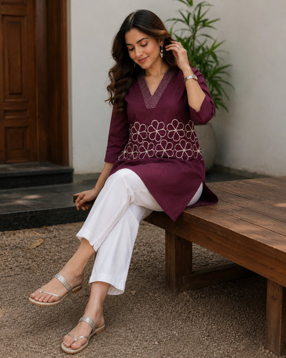Embroidered V-Neck Three-Quarter Sleeve Cotton Kurti