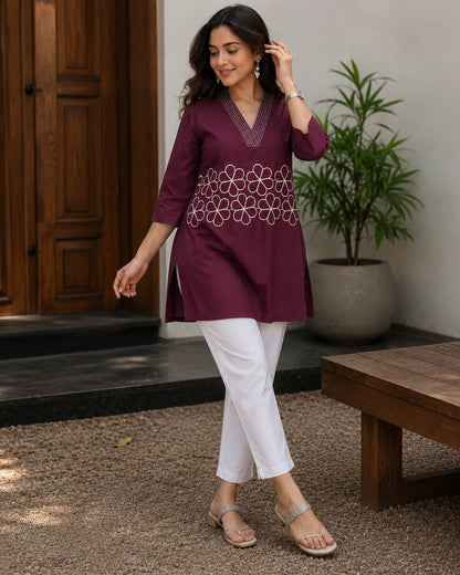 Embroidered V-Neck Three-Quarter Sleeve Cotton Kurti
