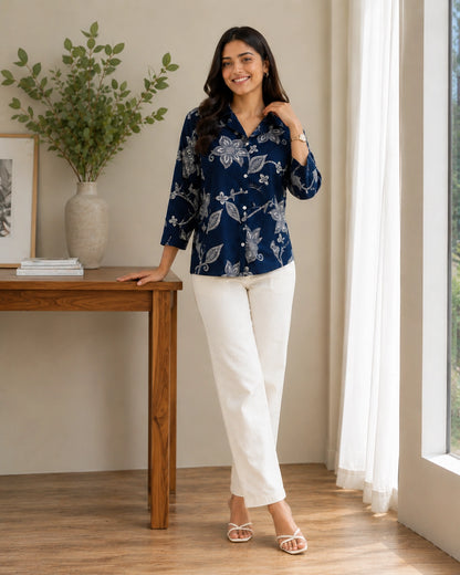 Floral Print Collared Three-Quarter Sleeve Cotton Kurti