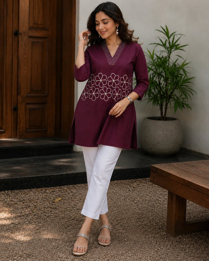 Embroidered V-Neck Three-Quarter Sleeve Cotton Kurti