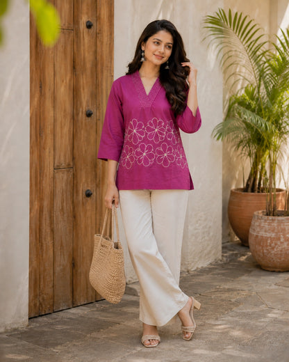 Embroidered V-Neck Three-Quarter Sleeve Cotton Kurti