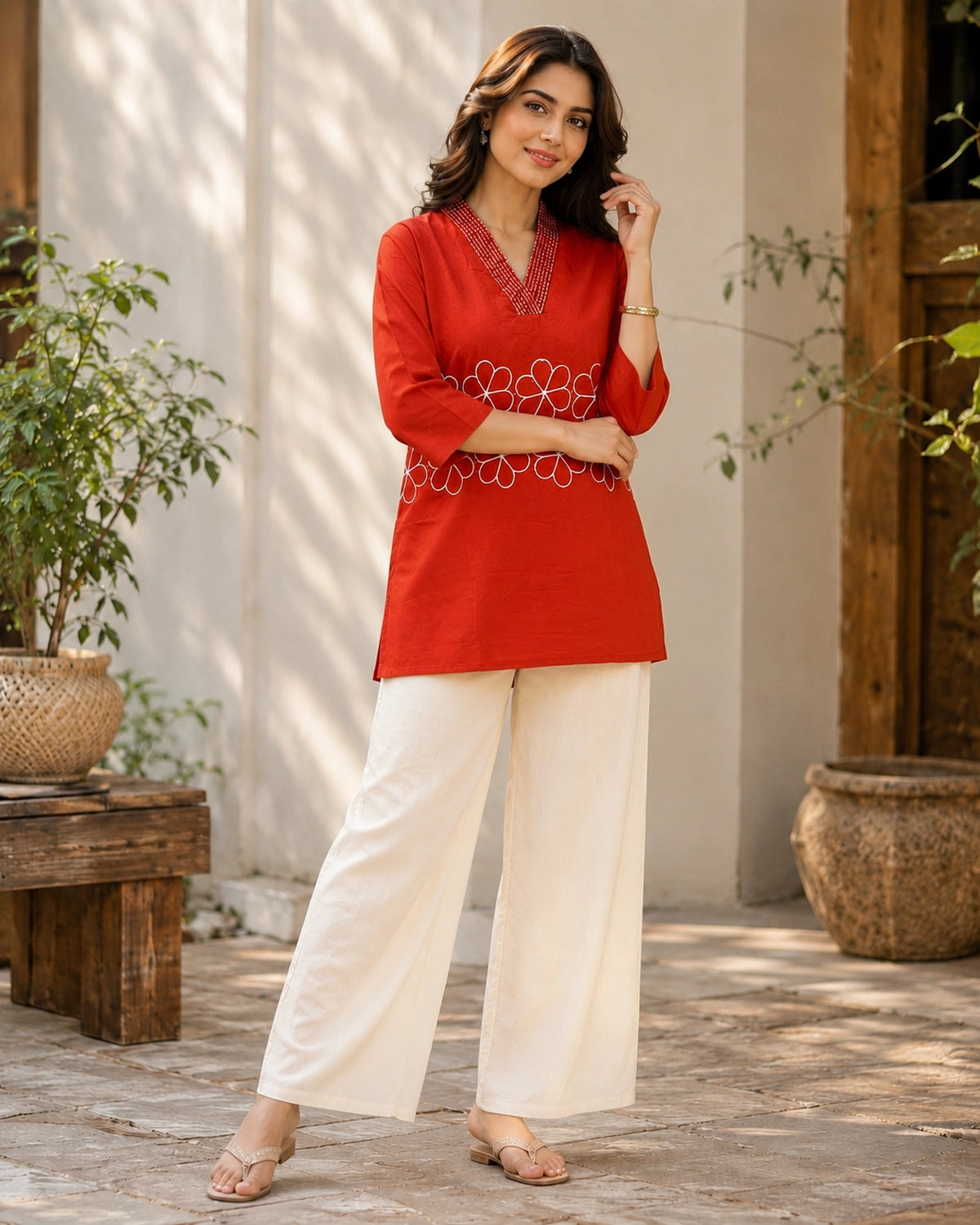 Embroidered V-Neck Three-Quarter Sleeve Cotton Kurti