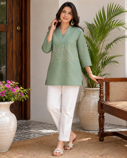 Embroidered V-Neck Three-Quarter Sleeve Cotton Kurti