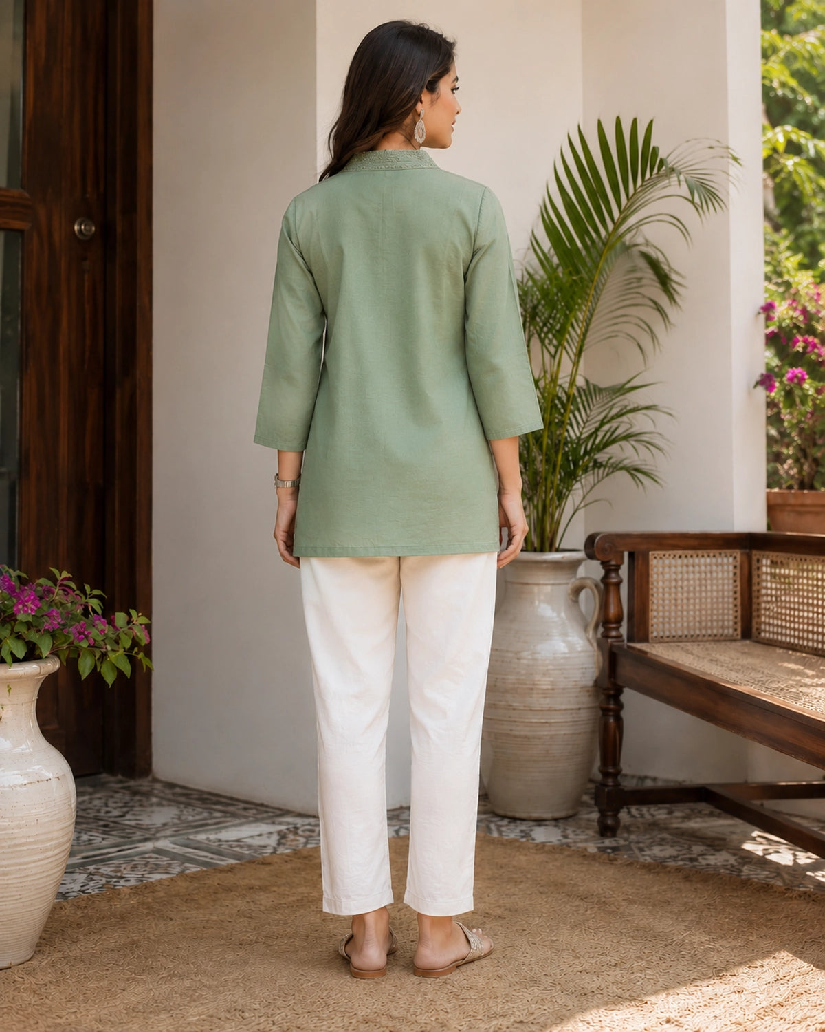 Embroidered V-Neck Three-Quarter Sleeve Cotton Kurti